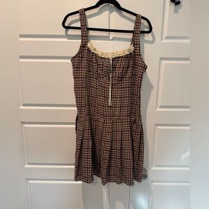 Passport Gingham Brown/ Cream Milkmaid Pleated Skirt Mini Dress Size Large